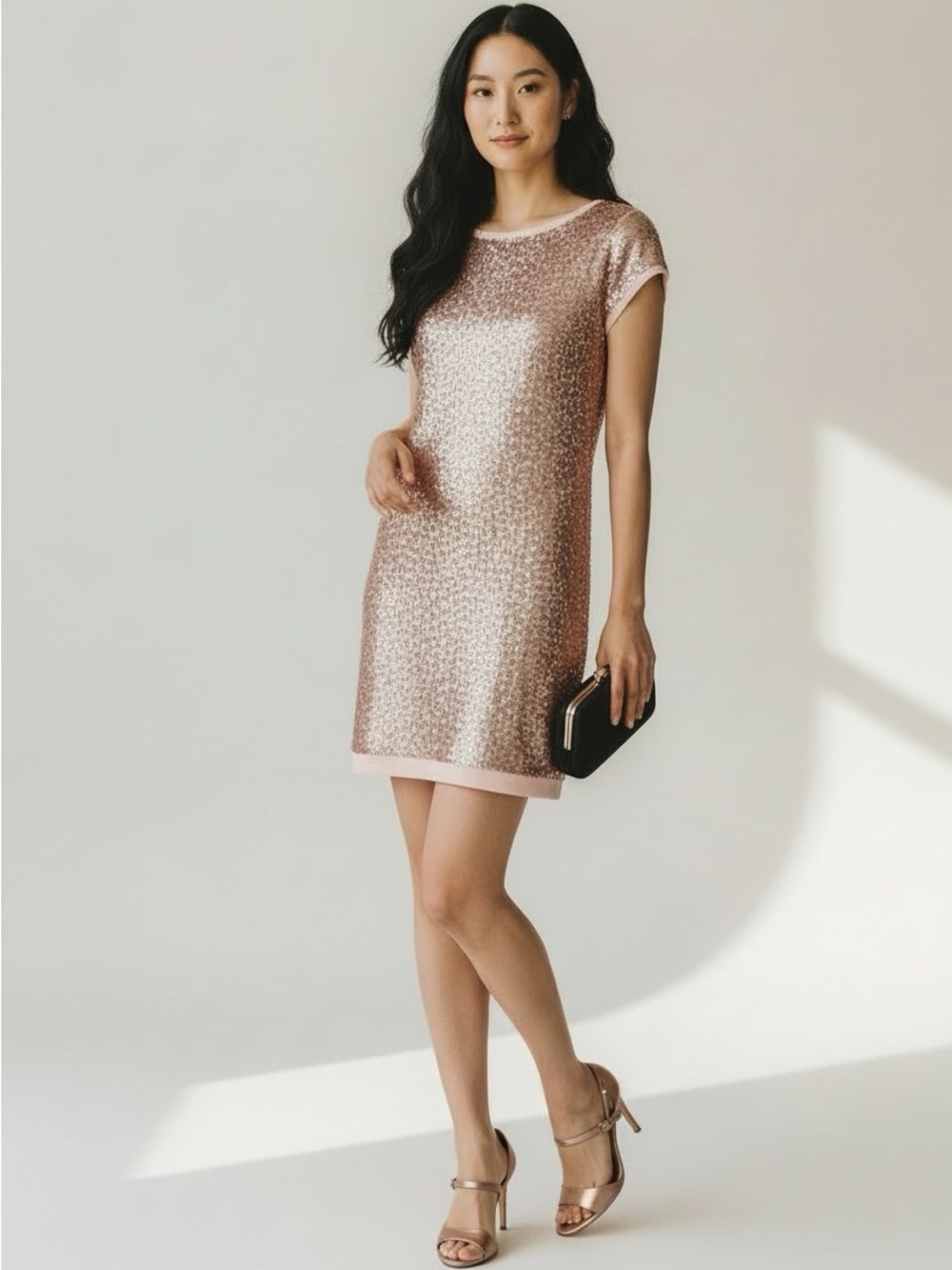 Vince Camuto Rose Gold Sequin Shift Dress Size 8✨ Prom Cocktail Party Wedding